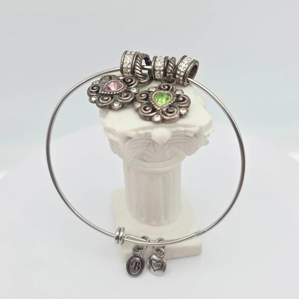 BRIGHTON Expandable Charm Bracelet Pink Green Crystals Ornate Silver Plate 8